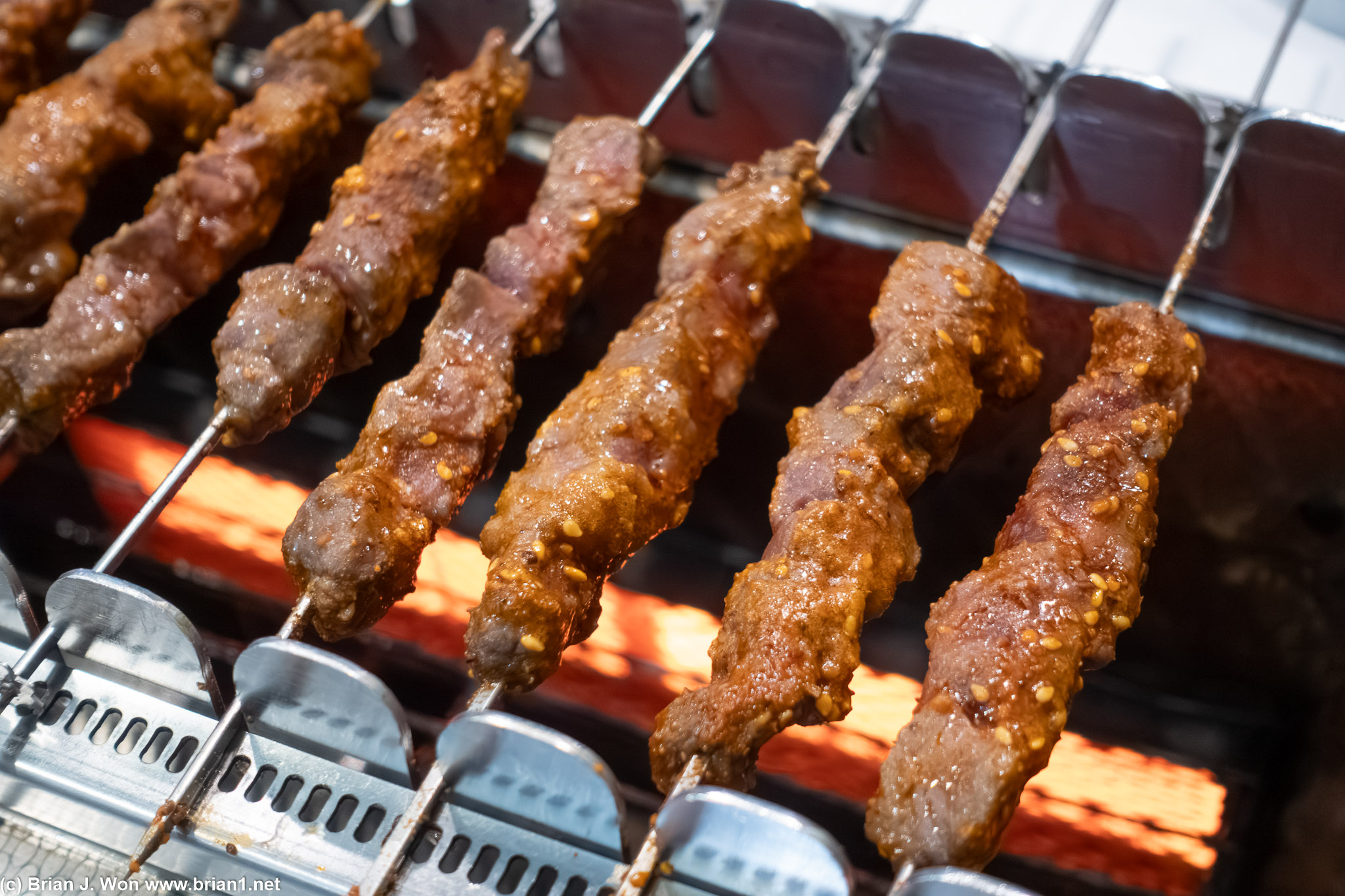 Beef skewer close-up.