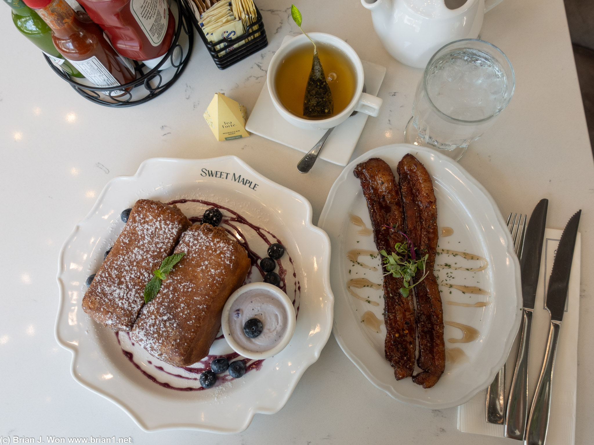 Blueberry cloud french toast and millionaire's bacon.