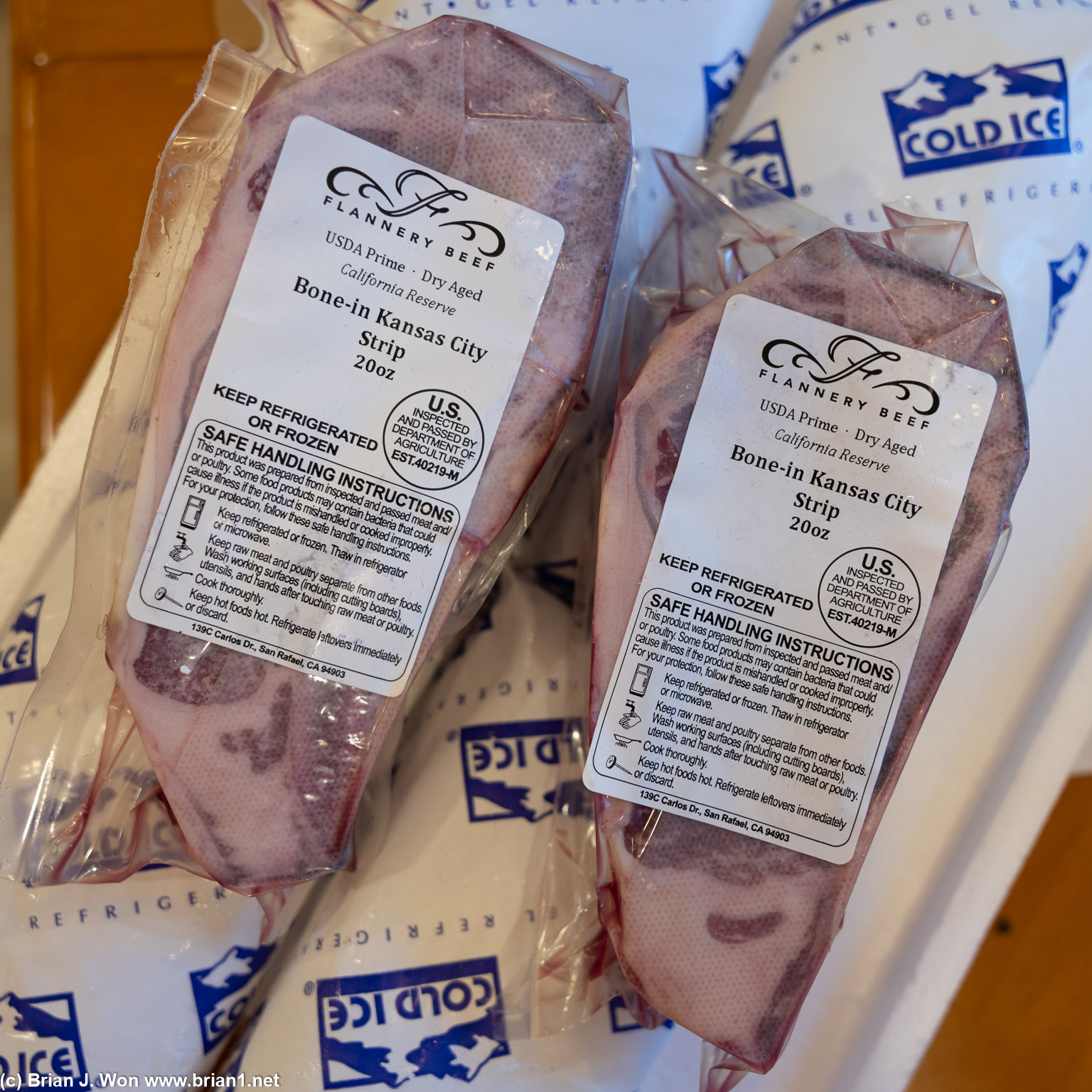 Flannery Beef USDA Prime dry aged New York strips, ~1.25lb each.