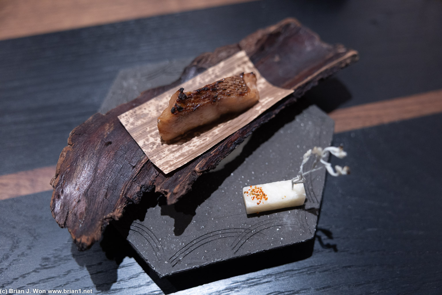 Yakimono: Channel Islands vermilion rockfish, jicama, Angeles Forest rabbit tobacco.