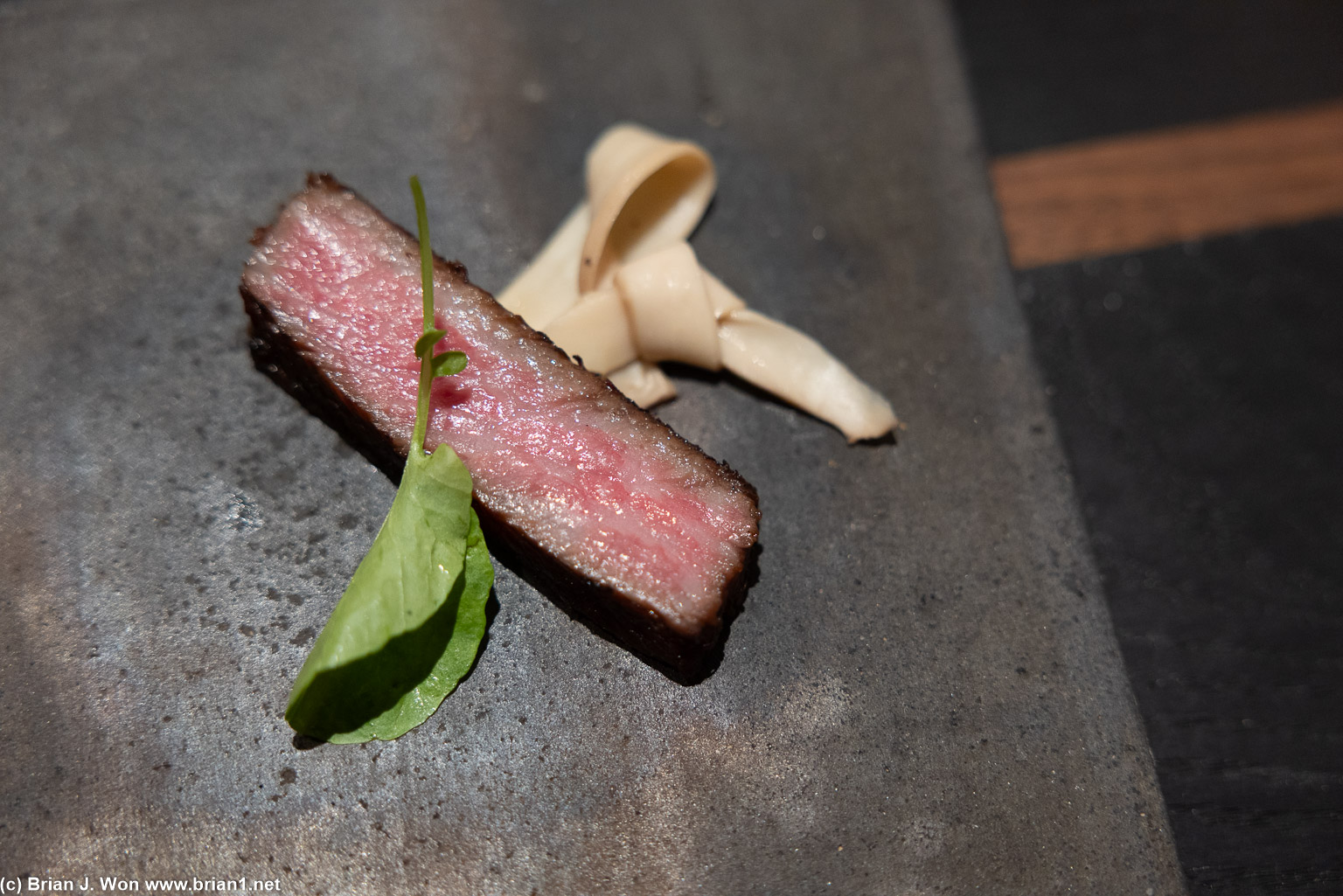 Niku: Kasu miso A5 waygu, pickled oyster mushroom, watercress. (marinated in 3 kinds of miso!)
