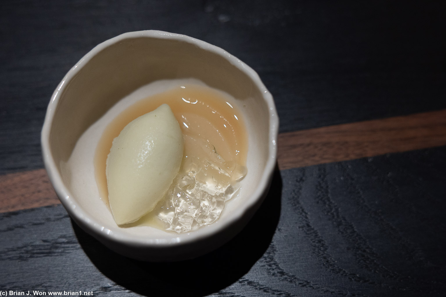 Mizumono: sudachi + hoja santa sorbet, pear.