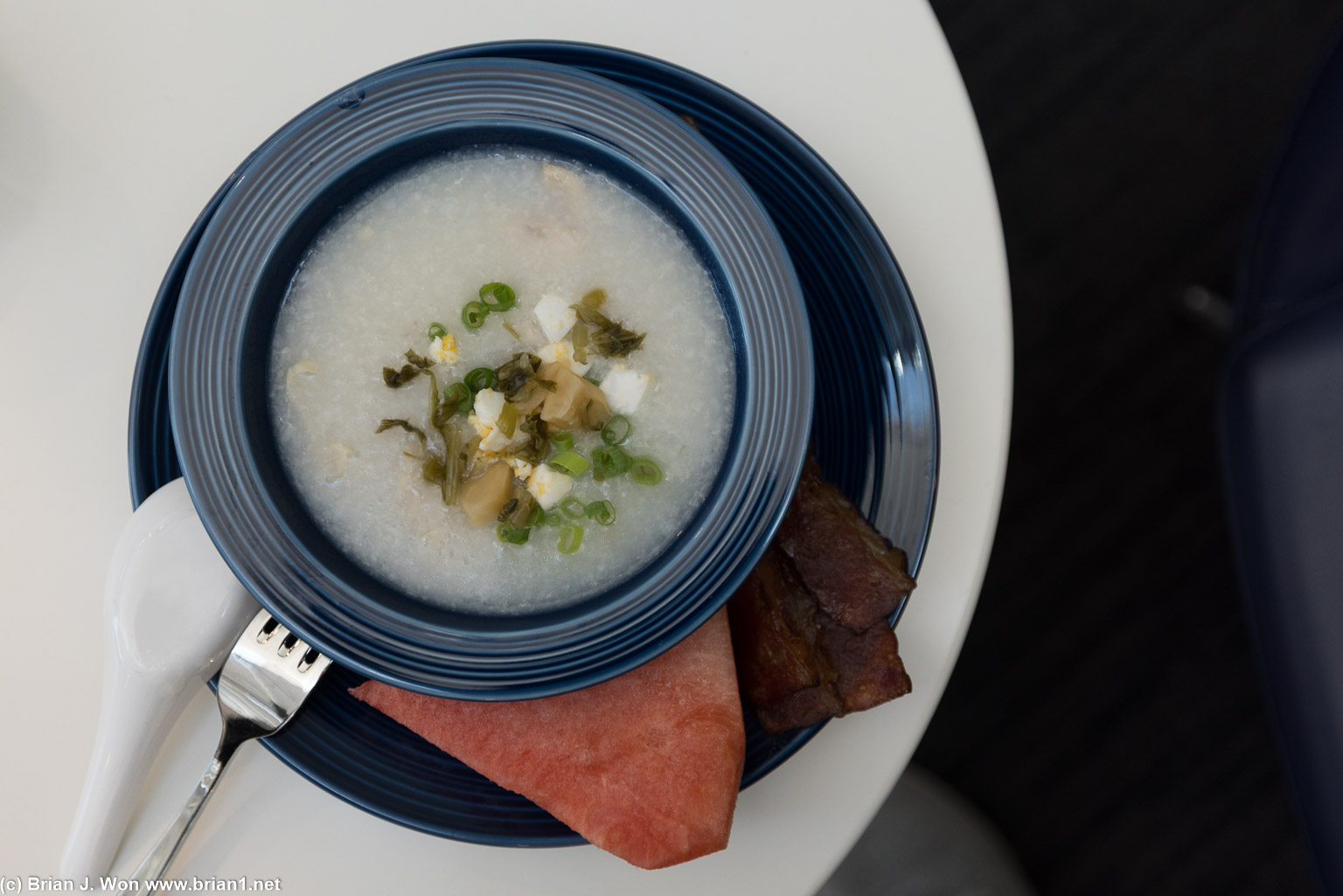Jook, salted duck egg, watermelon, very crispy bacon.