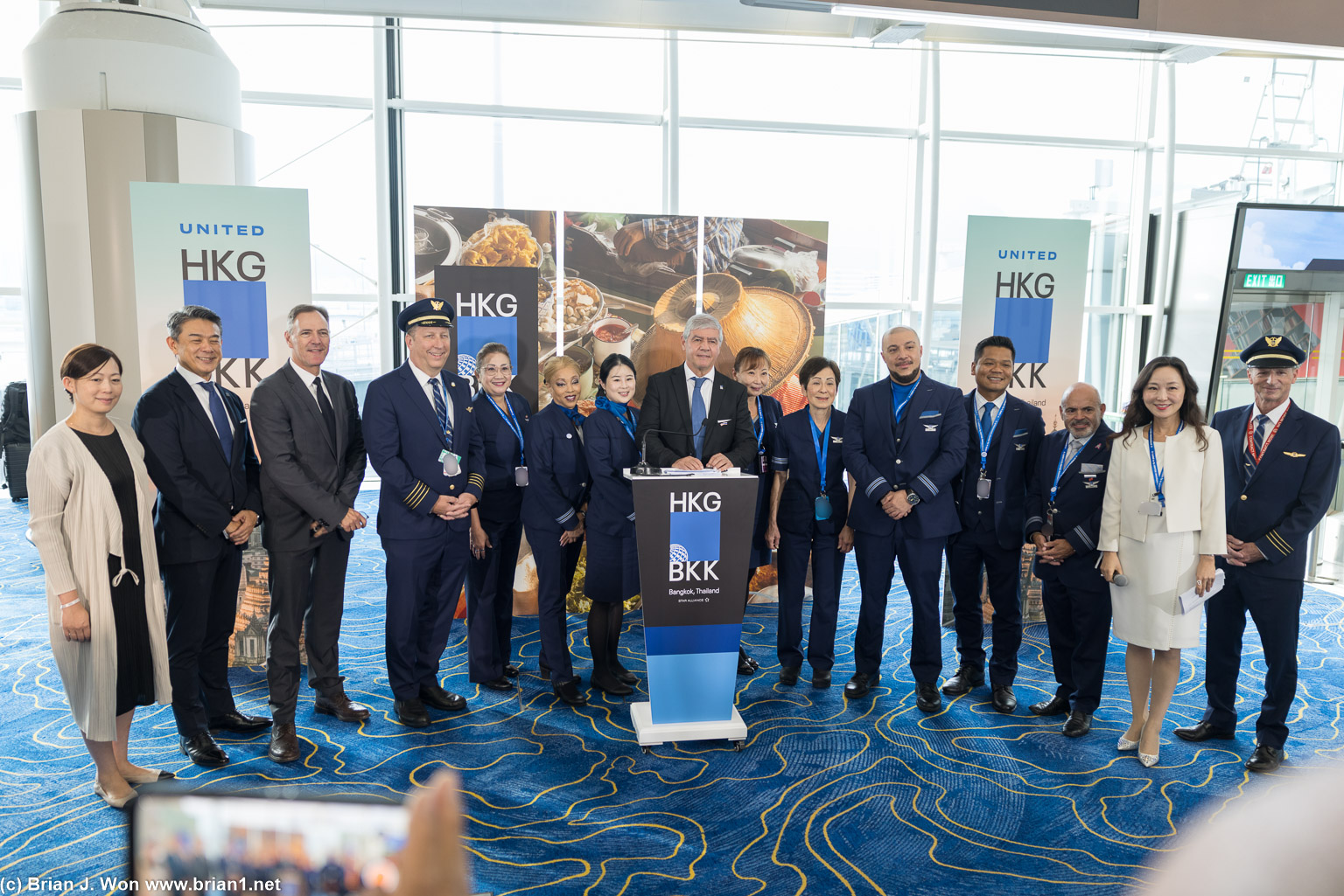 United's ground staff and aircrew for the inaugural flight from Hong Kong to Bangkok.
