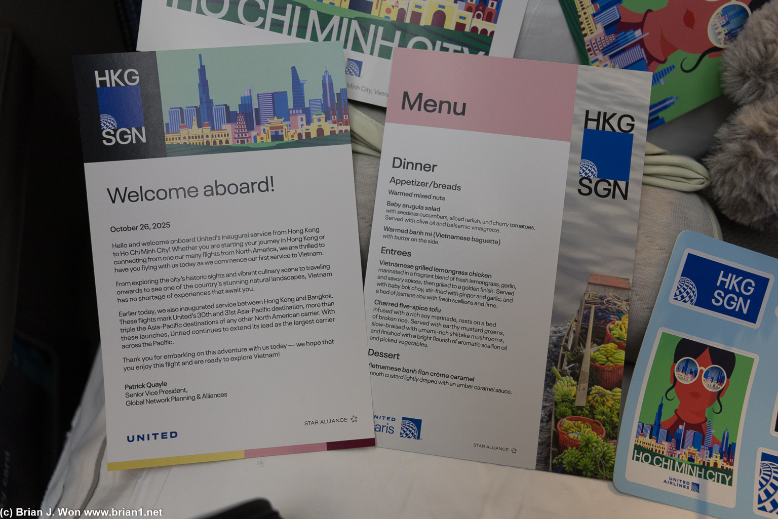 Inaugural flight menu and welcome note.