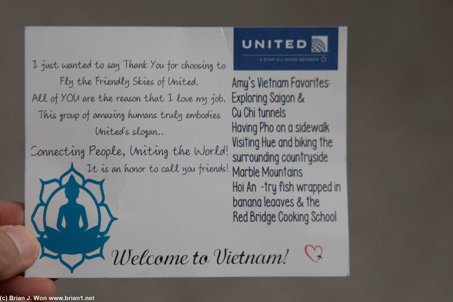 Welcome card from Amy.