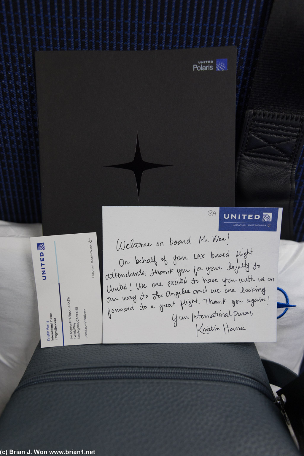 Purser Kristin from LAX leaving lovely cards for everyone in Polaris.