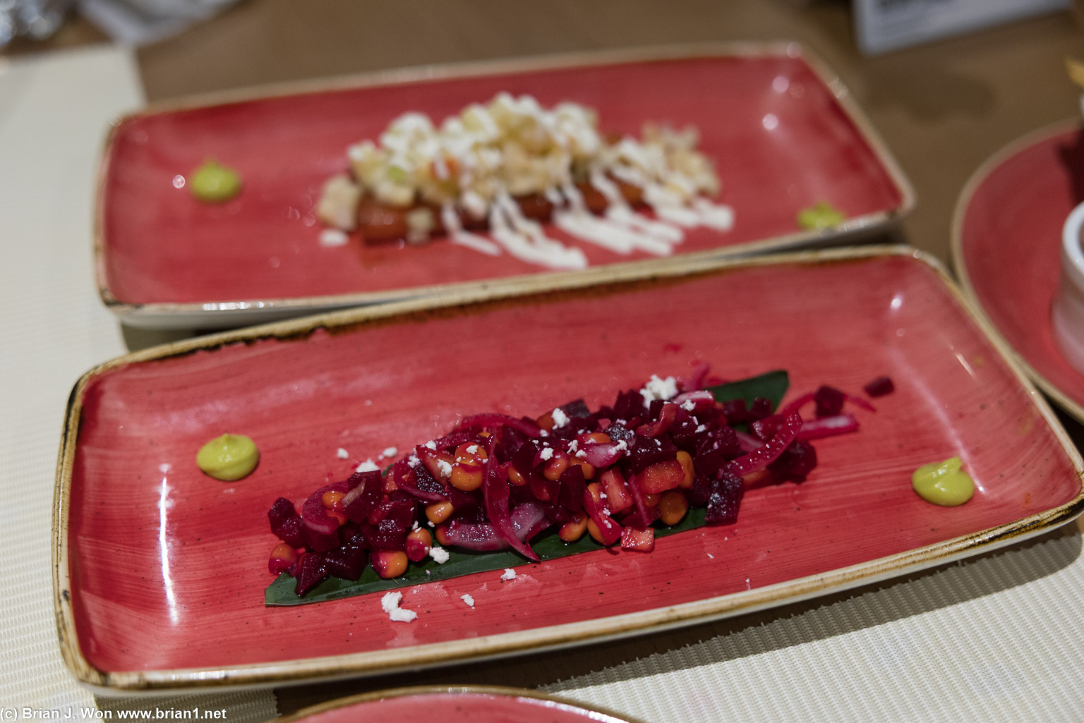 Watermelon salad in back, beet salad in front.